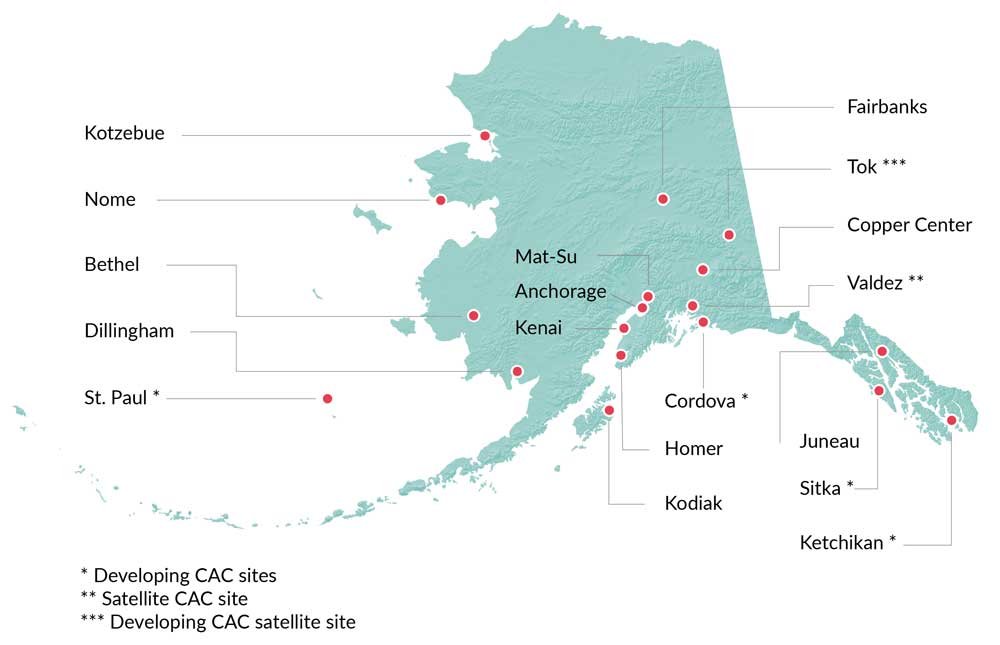 Map of Alaska showing locations of Child Advocacy Centers